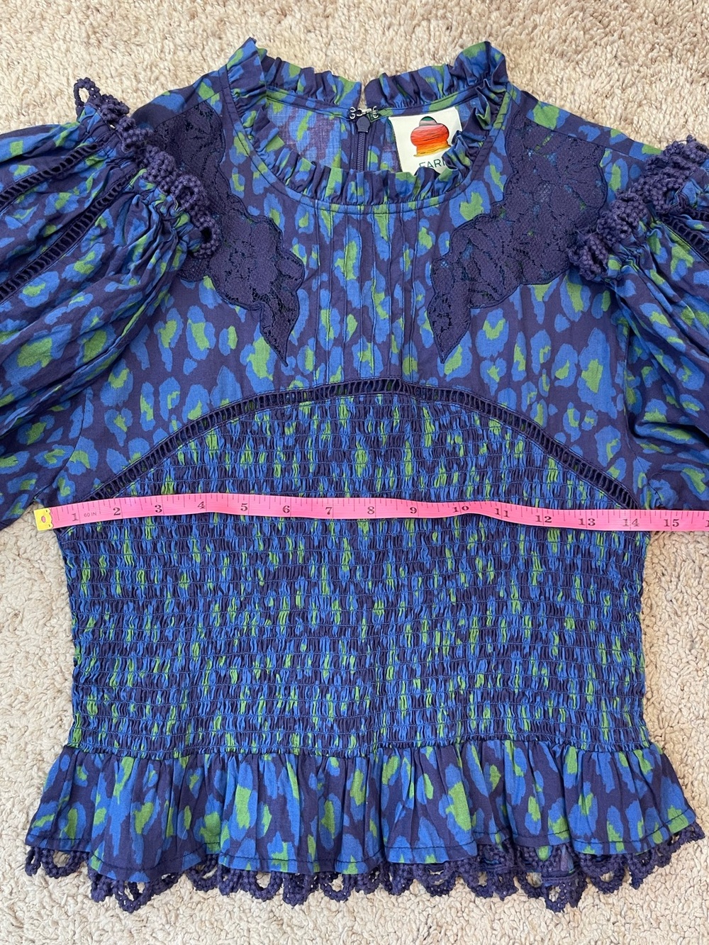 Farm Rio Leopard Pop Smocked Peplum Blouse Long Puff Sleeve Boho Top Size Medium - Picture 12 of 16